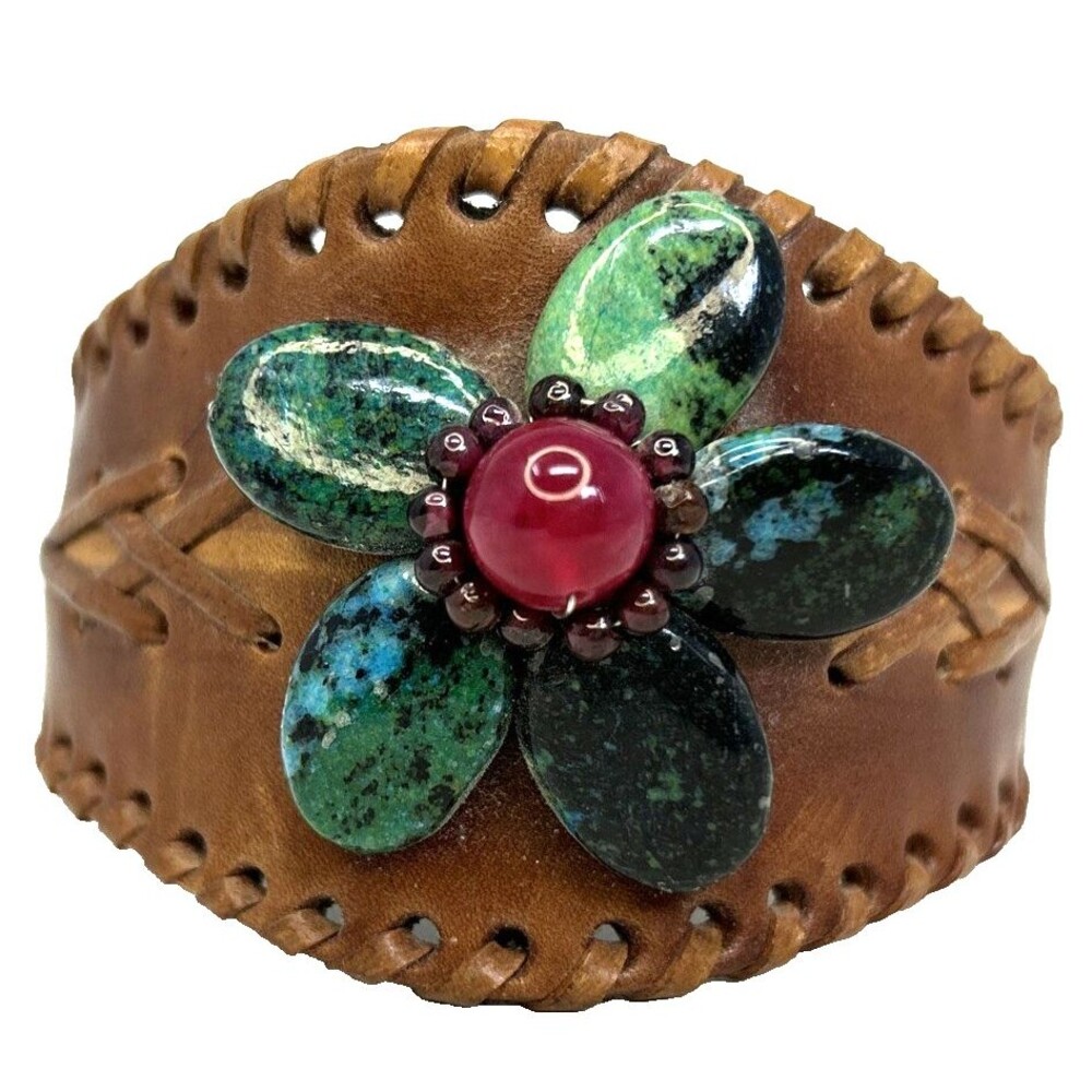 Gorgeous Leather Cuff Bracelet Stone & Beaded Flower Handcrafted in Thailand